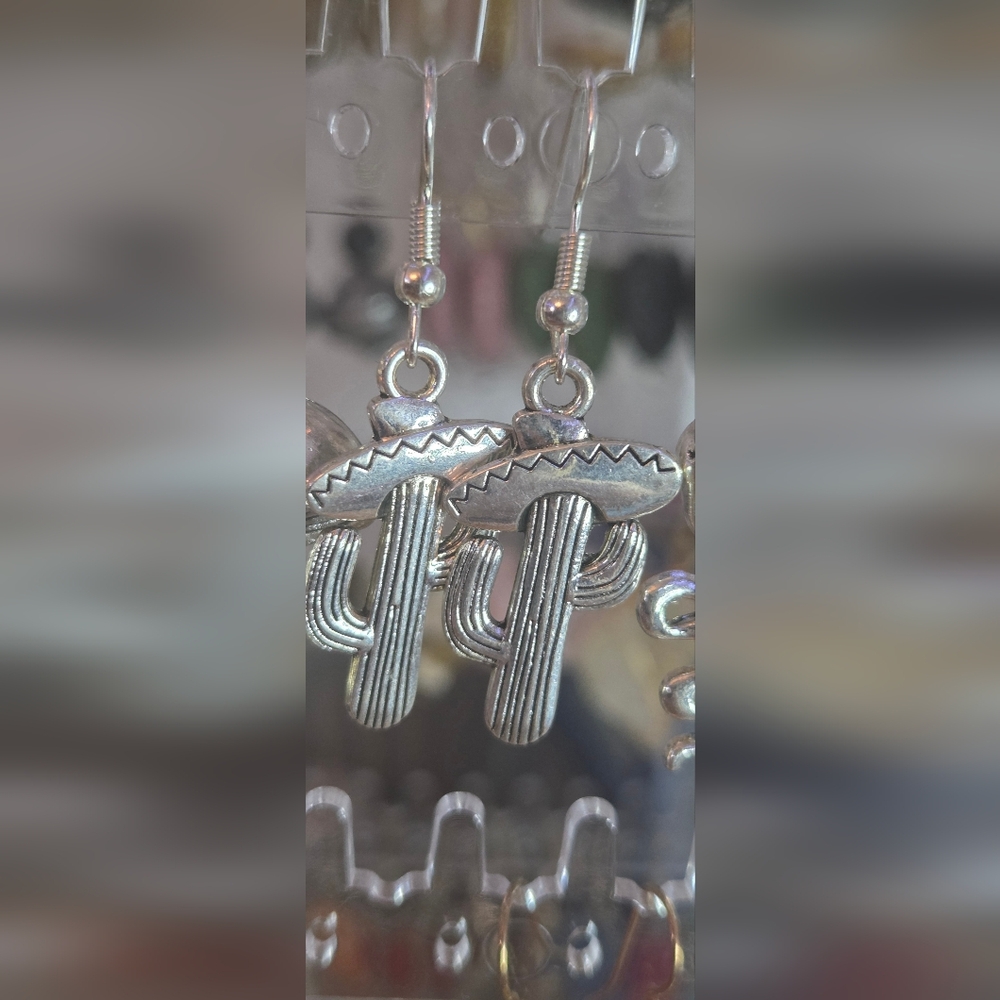 Silver Cactus Dangle Earrings